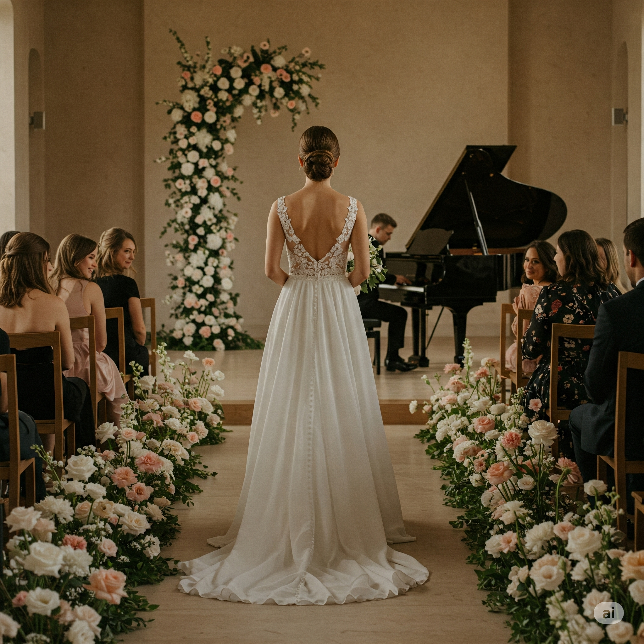 Bride walking down the aisle with soft piano focus