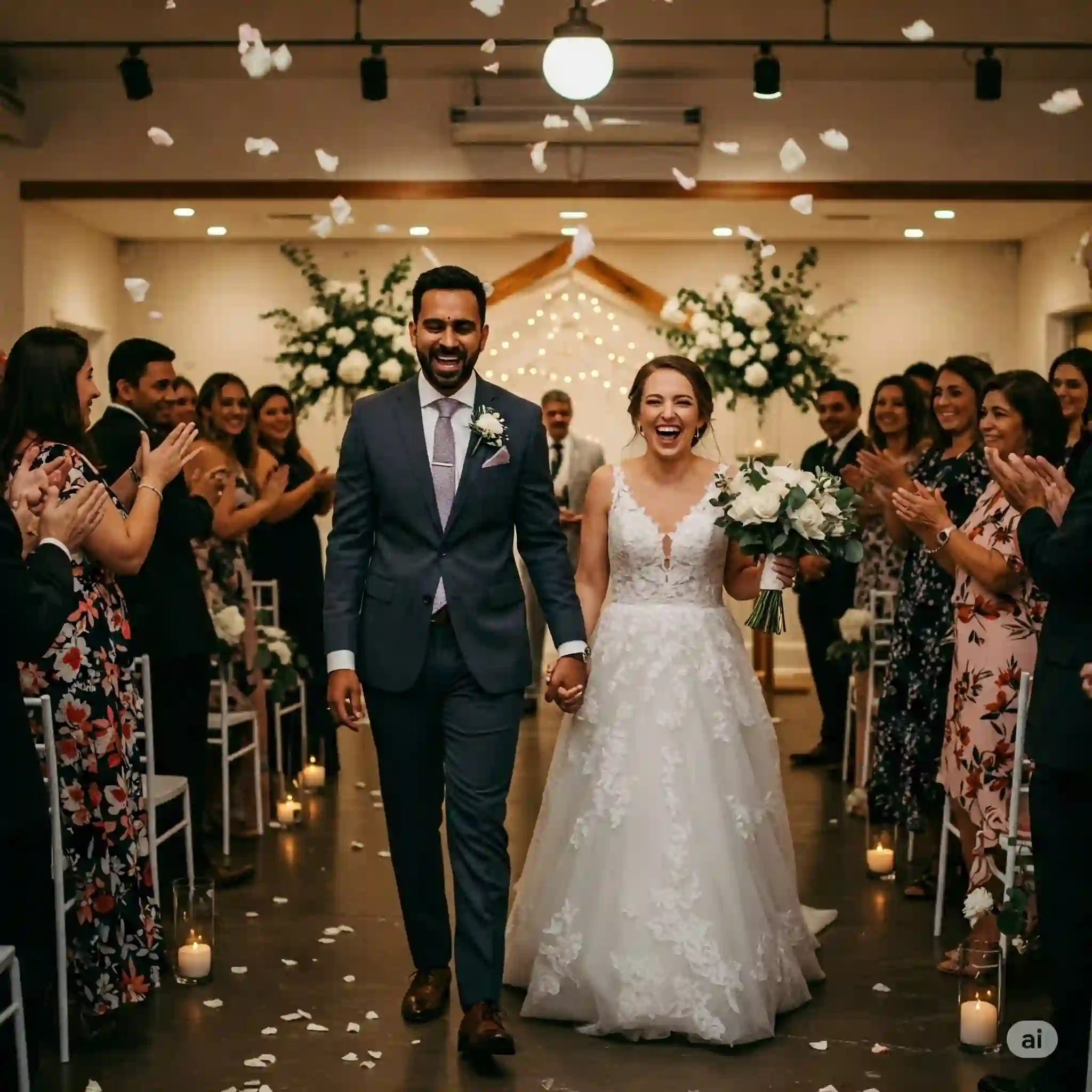 Newly married couple celebrating as they walk up the aisle