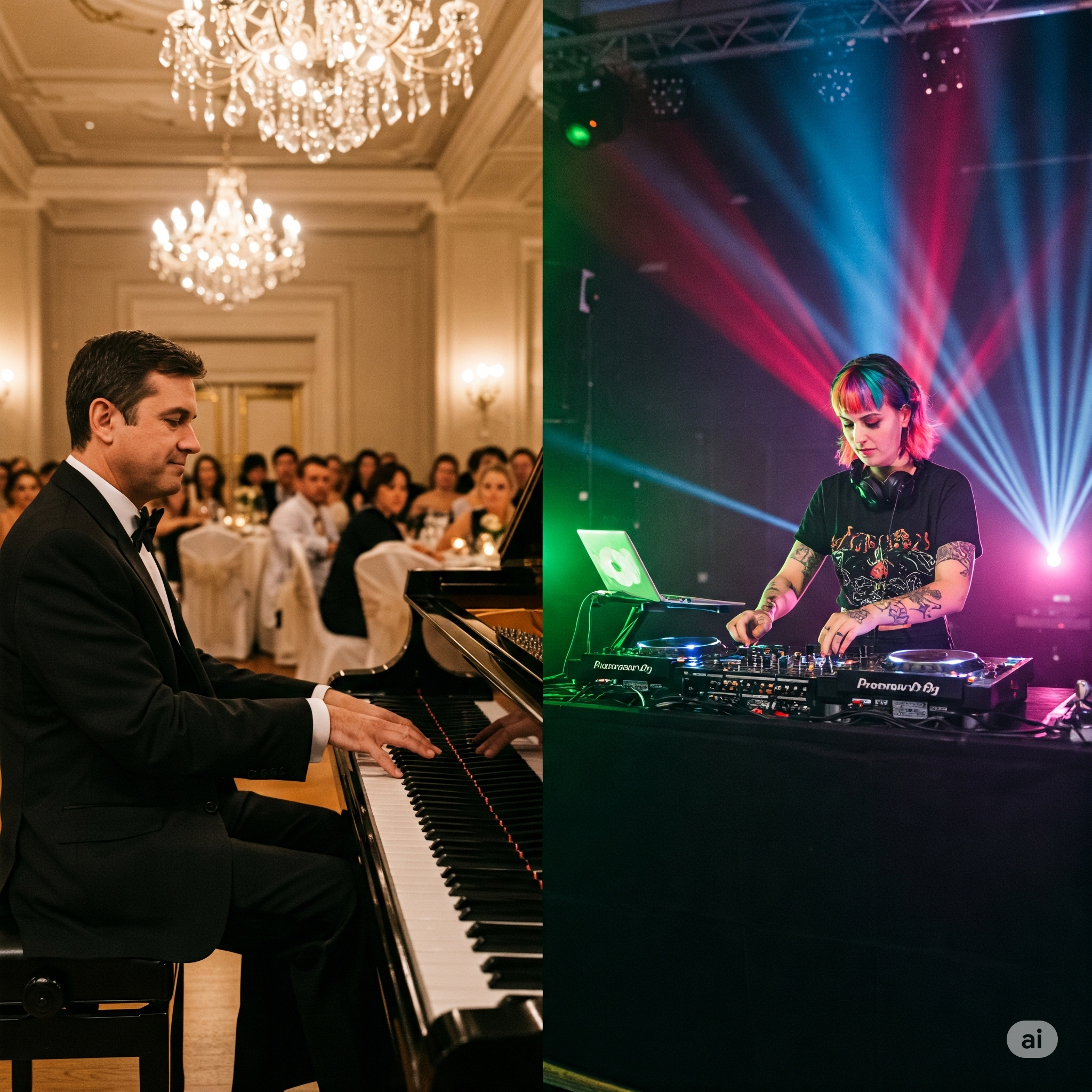 Side-by-side images: one of a pianist, one of DJ equipment
