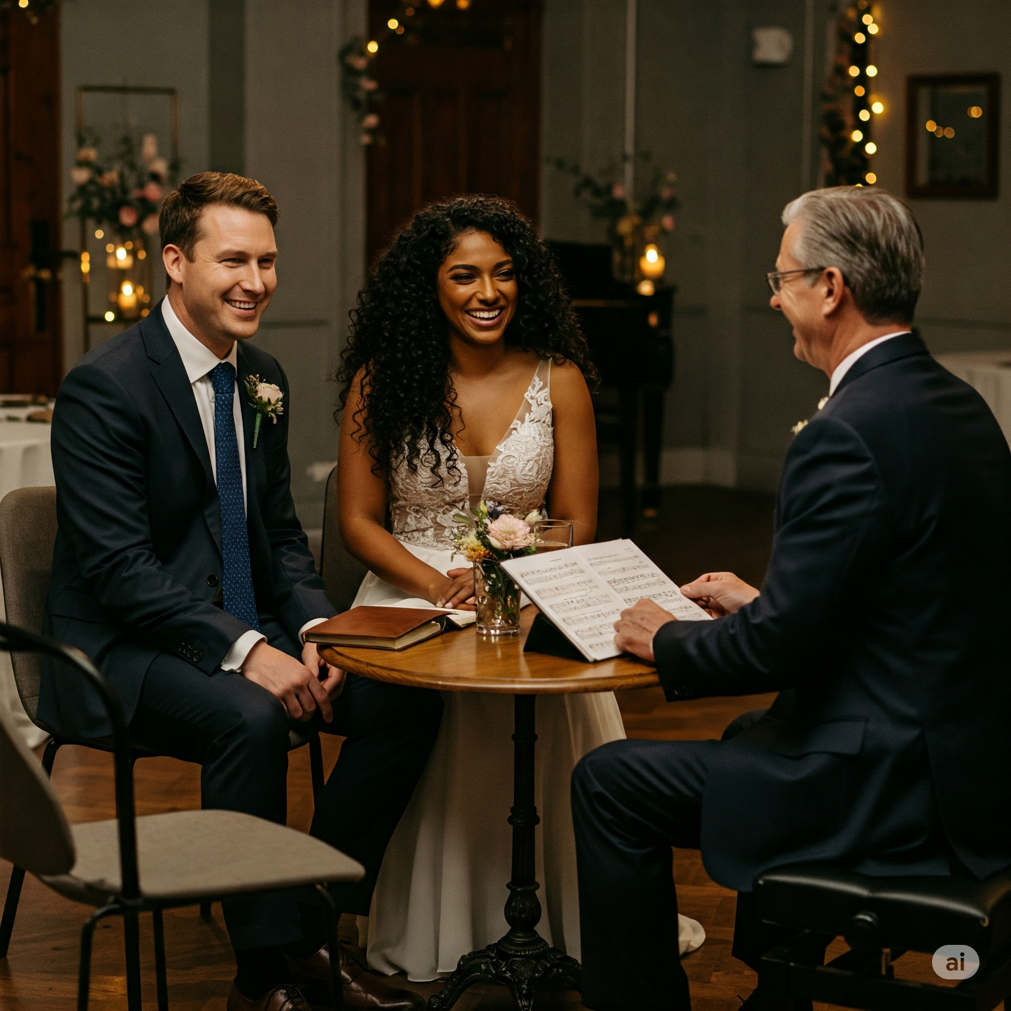 Couple happily consulting with a pianist