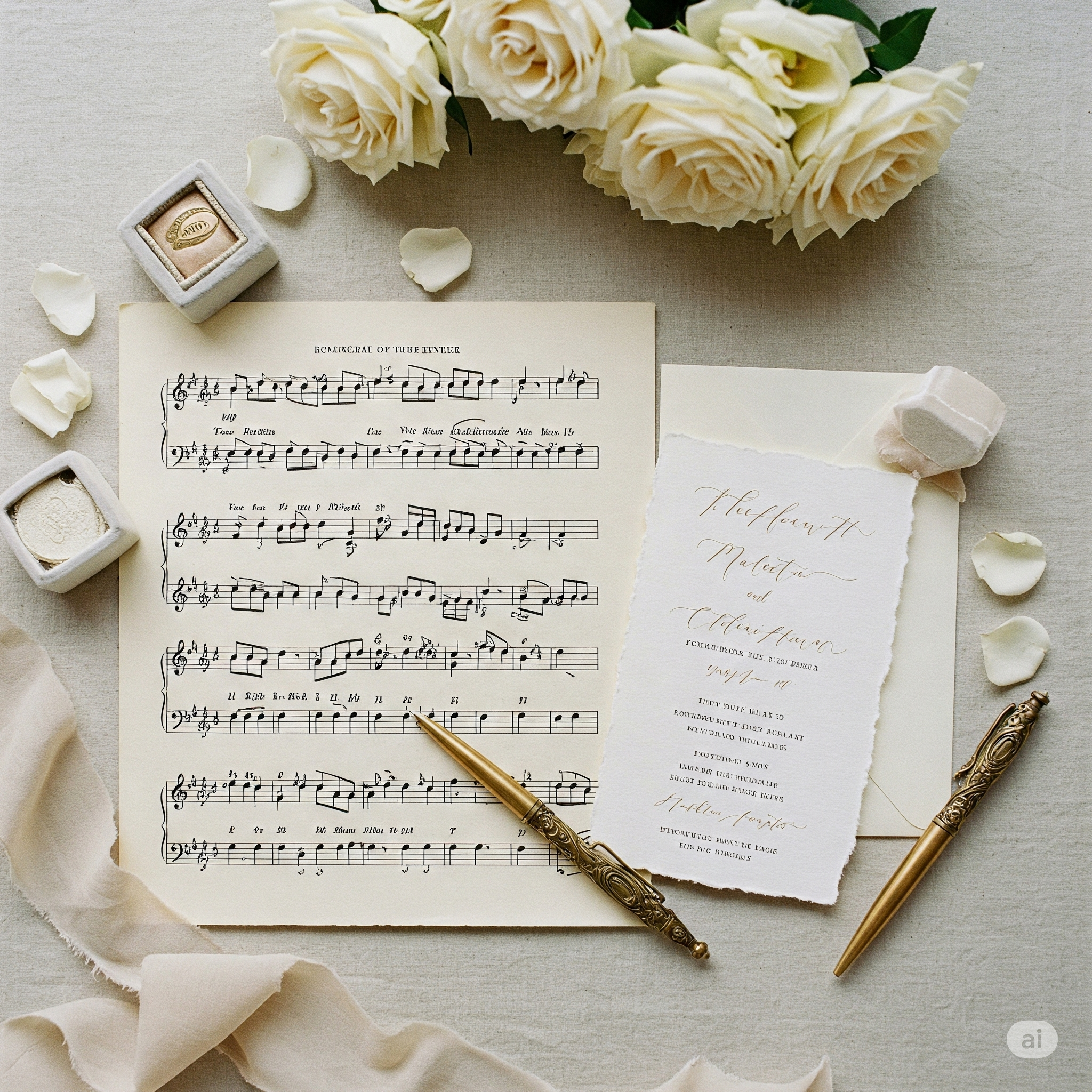 Elegant sheet music next to a wedding invitation